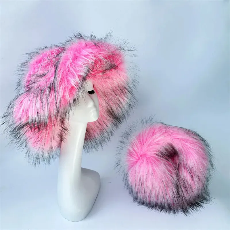 Chapeaux à larges bords Chapeaux de seau rose à large bord pour femmes, chapeau de pêcheur en imitation de fourrure de raton laveur chaud et épais, chapeau de seau pour femmes 231011