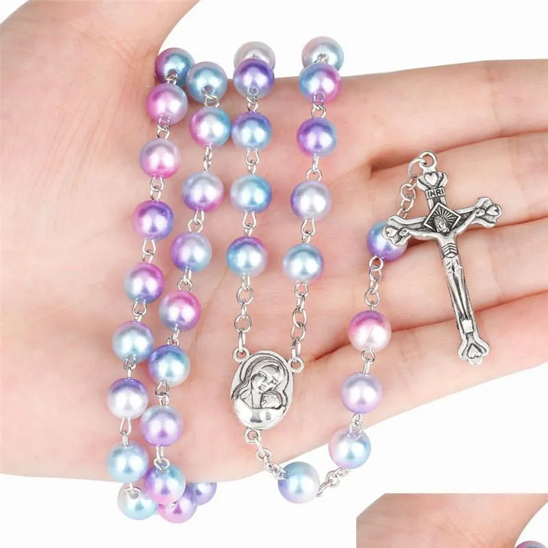 Pendant Necklaces Madonna Crucifix Necklace Rainbow Imitation Pearl Cross Necklaces Fashion Jewelry For Women Will And Jewelry Necklac Dho0A