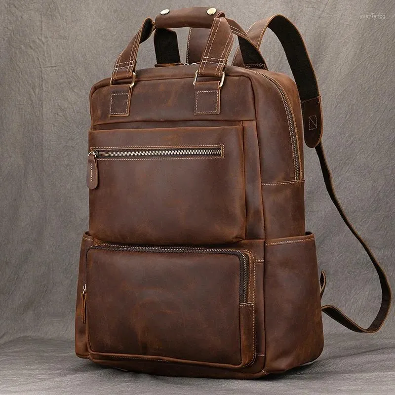 Sırt çantası gerçek deri erkekler dizüstü bilgisayar çantası vintage inek okulu çantası yüksek kapasiteli bilgisayar hırsızlığı önleme gündüzü adam