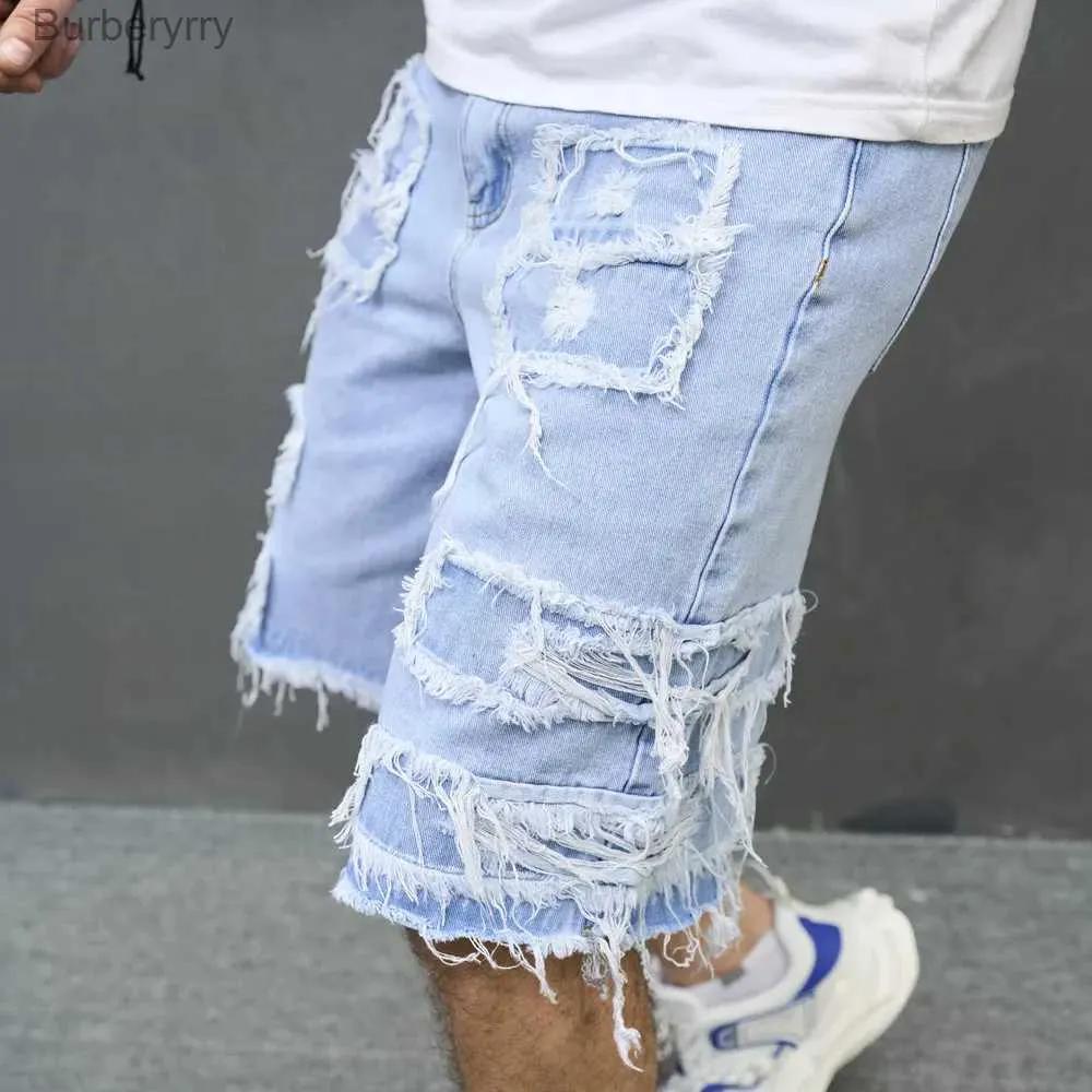 Jeans da uomo 2023 Estate Uomo Streetwear Strappato Patch Denim Shorts Elegante Solido Casual Jeans dritti Pantaloni a cinque punteL231011