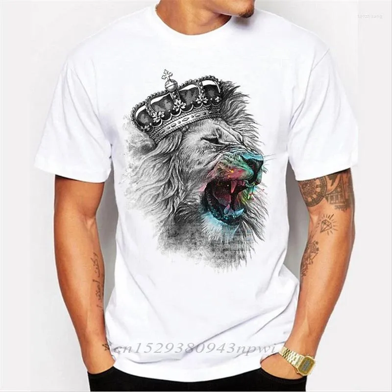 Erkekler Tişörtleri 2023 Gömlek Erkekler Crown Lion 3d Beyaz Baskı T-Shirt Moda Hayvan Günlük Kısa Sleeve O-Neck Hipster Üstler Harajuku Tee