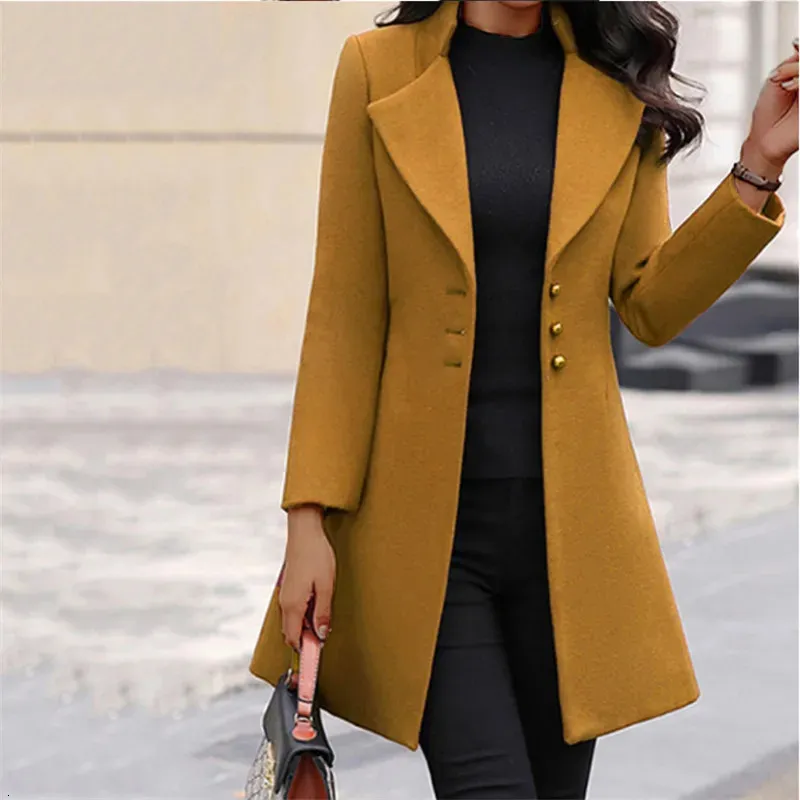 Women's Wool Blends 2023 Autumn Winter Woolen Long Sleeve Solid Coat Women Yellow Black Stand Slim Jacket Cardigan 231011