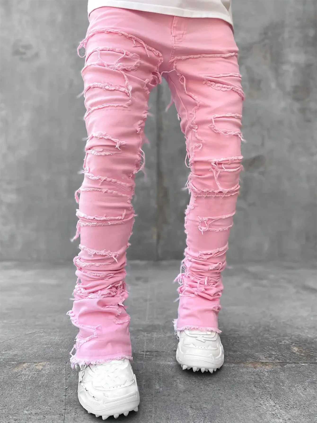 Dżinsy chude z frędzlami Hip-Hop Edge Elastic Punk Punk Rock Long Fit Stacked Denim Spodnie Blue Pink 325