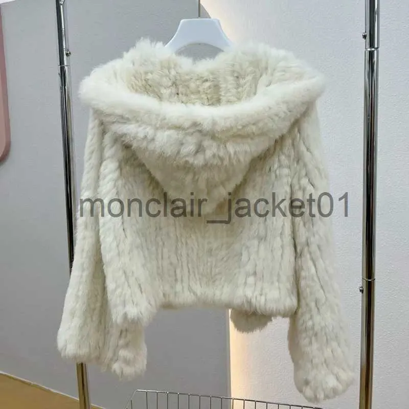 Frauen Pelz Faux Pelz Echt Kaninchen Fell Kapuze Mantel Lange Hülse Frauen Casual Lose Gestrickte Echte Pelz Jacke Mit Kapuze weibliche Natürliche Pelz Outwear J231012