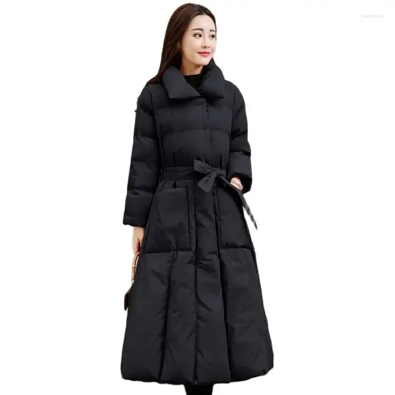 女性のトレンチコート冬のパーカーダウンコットンジャケットロングスタイル膝の大きな裾のパッド入りジャケット韓国のアウトウェアオーバーコート女性