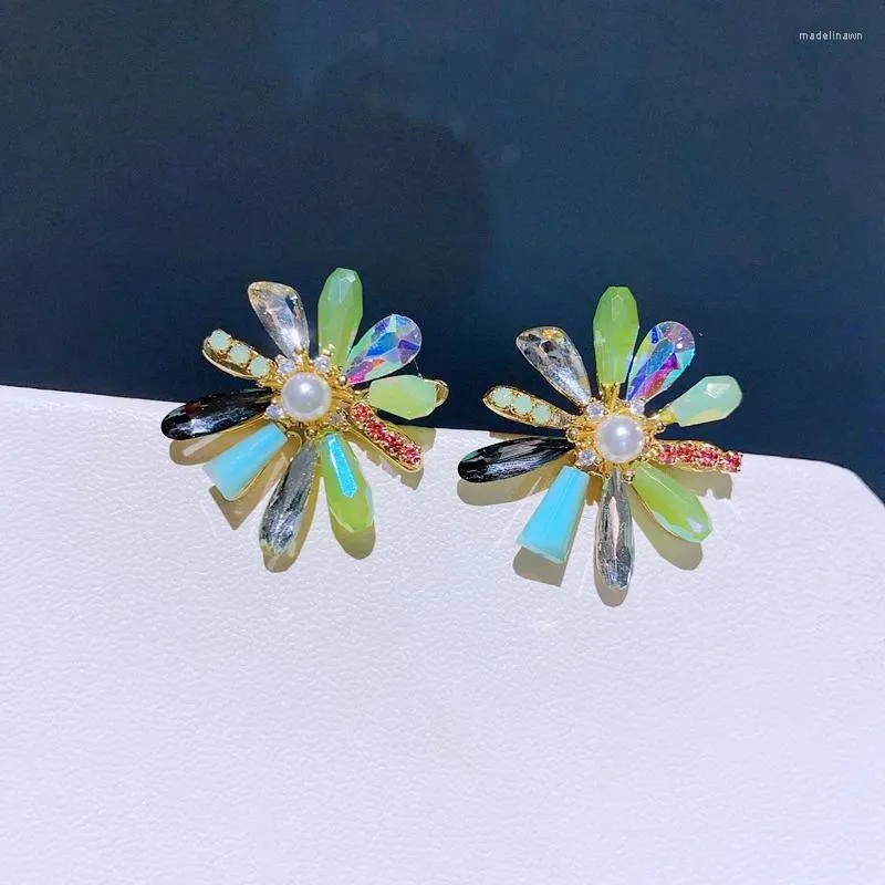 Boucles d'oreilles de luxe en résine et cristal, faites à la main, fleur pour femmes, mode coréenne, bijoux plaqués couleur or