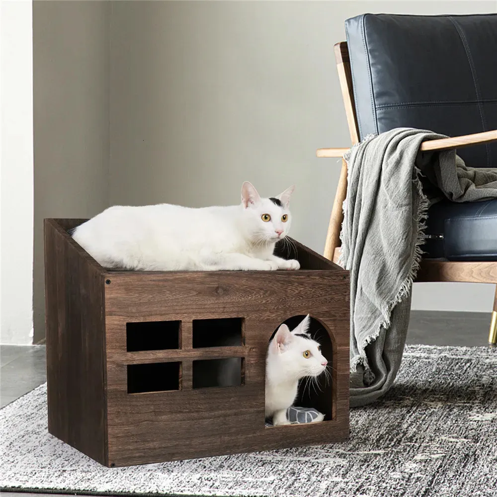 Lits pour chats meubles en bois durable lit de grotte pour chat meubles chaton sommeil salon maison lit avec coussin bac à litière pour chats d'intérieur 231011