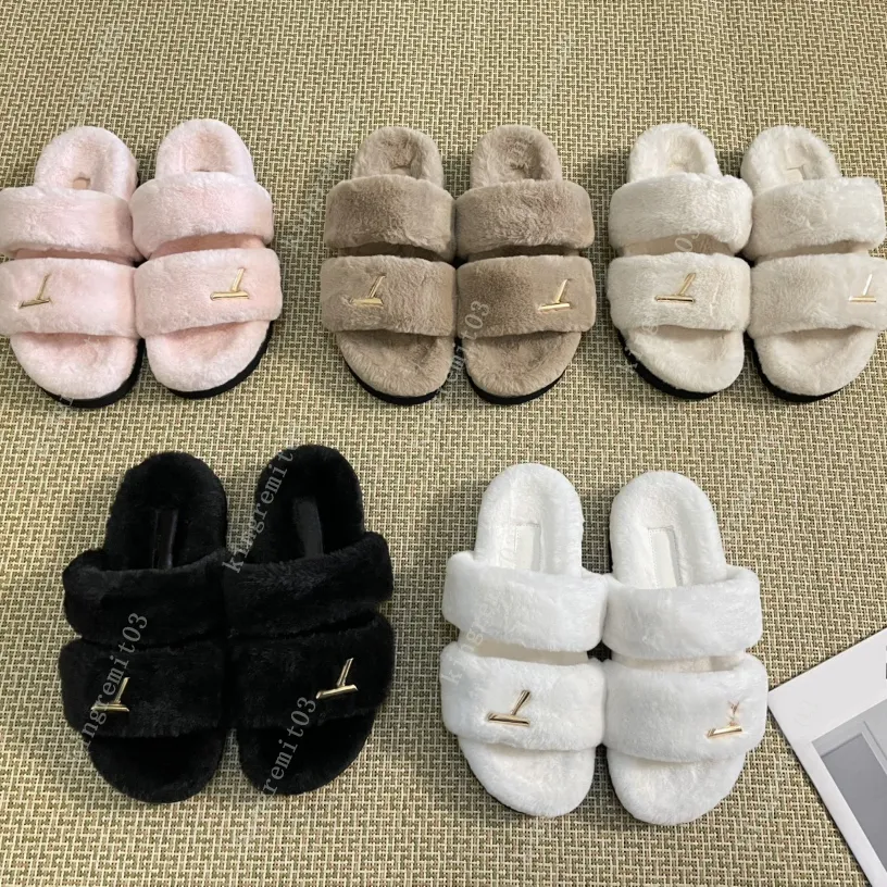 Designer Fur Slippers SUNSET COMFORT Furry Slides FLAT MULE Women Slippers Cool Effortlessly Stylish Slides 2 Straps Adjusted Gold Buckle Beach Shoes Size 35-40