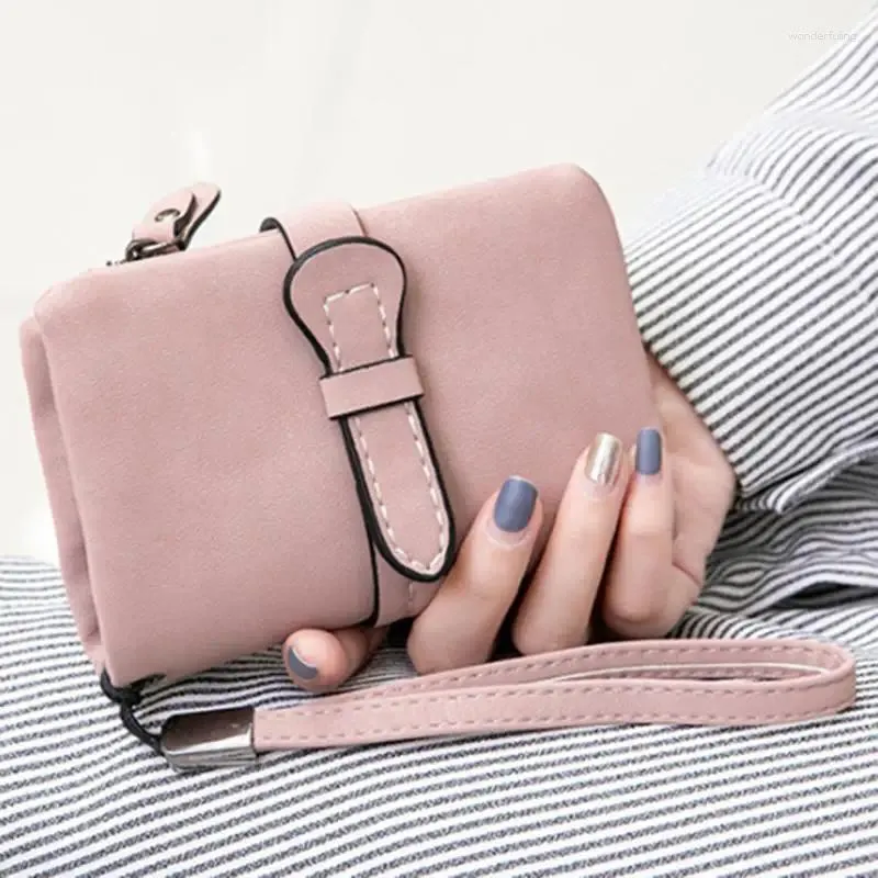 Wallets Multifunction Short Purse Fold Women Drawstring Nubuck Leather Zipper Wallet With Wrist Strap Ladies Carteras Para Mujer