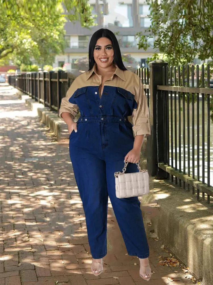 Women's Plus Size Jumpsuits Rompers Fulllength Jumpsuit for Women Jumpsuit Long Elegant with Jeans Female Casual Shirt Jumpsuit Plus Size Wholesale Drop 231011