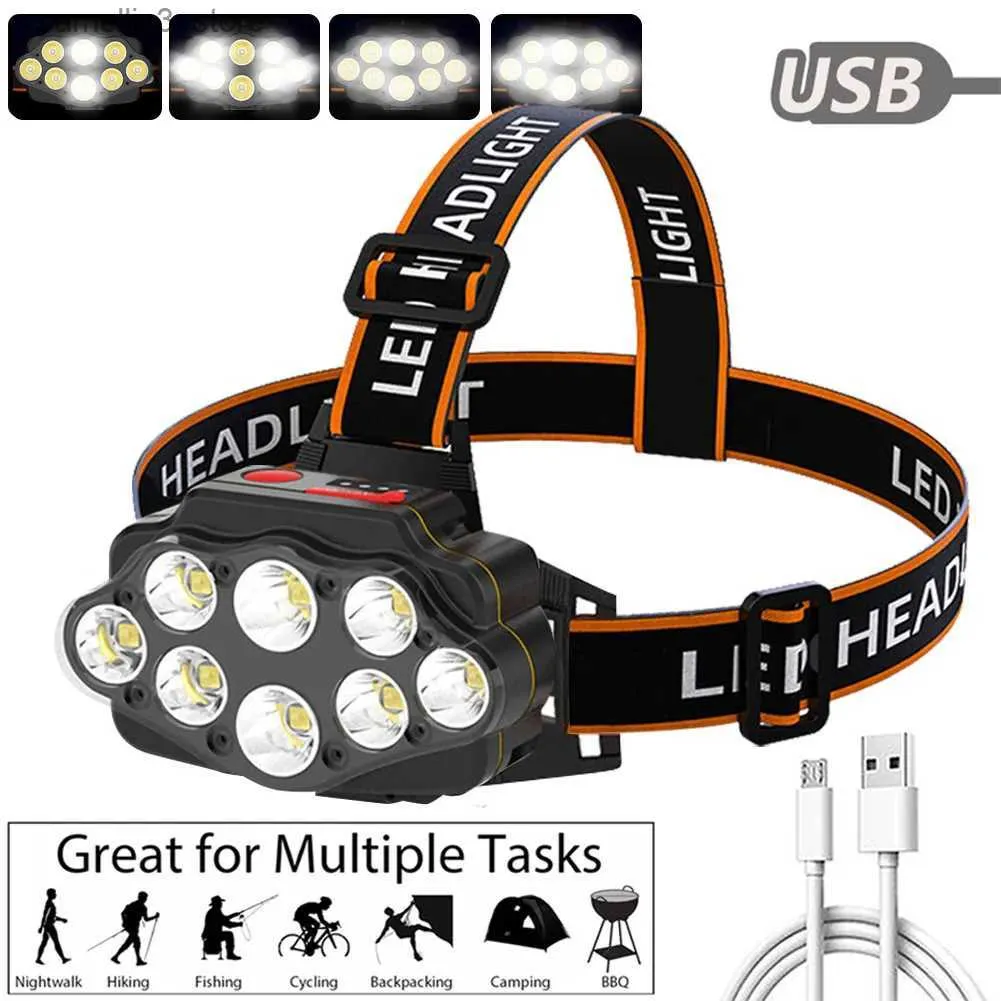 Lampes frontales 10000 Lumens 8 perles de lampe LED étanche Cob phares Camping phare en cours d'exécution USB lampe de poche de charge Q231013