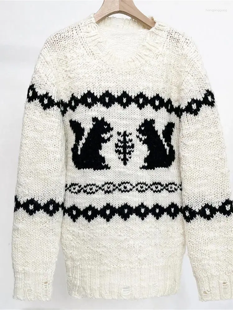 2023 Womens Jacquard Knit Sweater Animal Print Distressed Worn