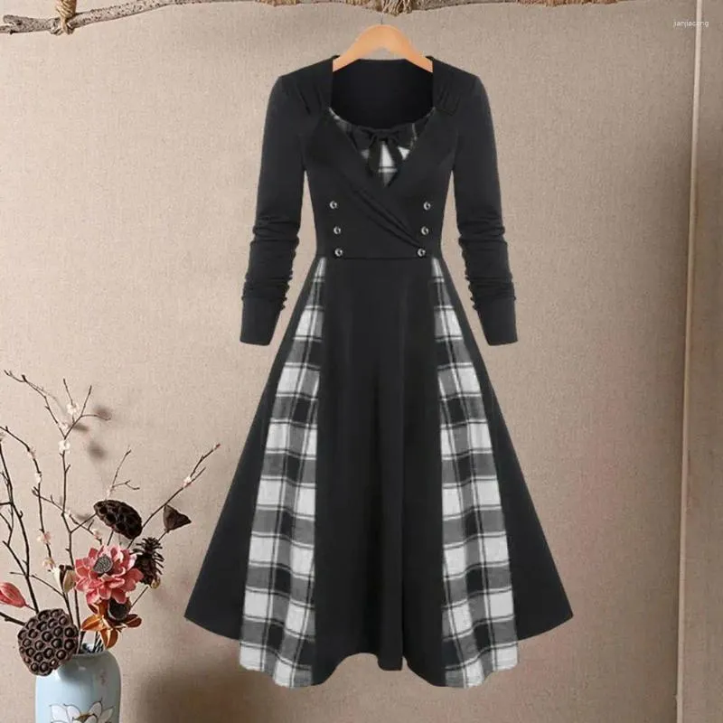 Casual Dresses O-neck Long Sleeve Midi Dress Women Elegant Plaid Print Double Breasted A-line Night Party Skater