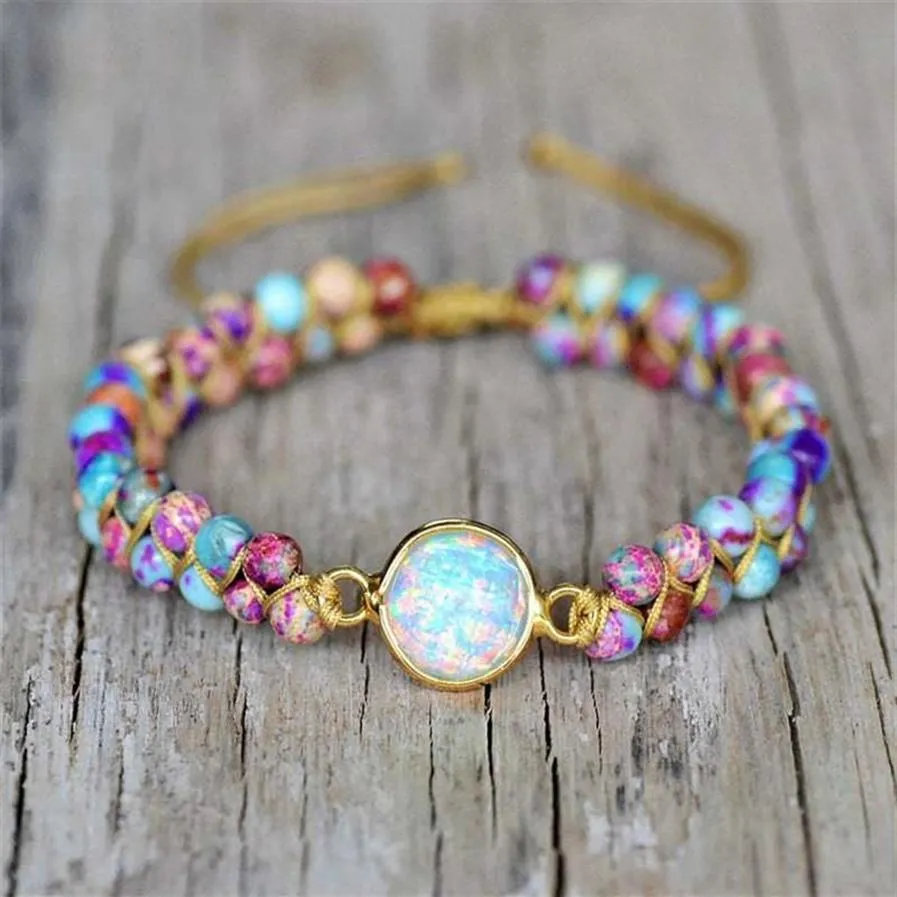 Sea Sediment Bead Armband med Opal Stone Galaxy Jasper Boho Jewellry For Women Mom Healing Double-Layer flätad K3E2 Charm Brace244G