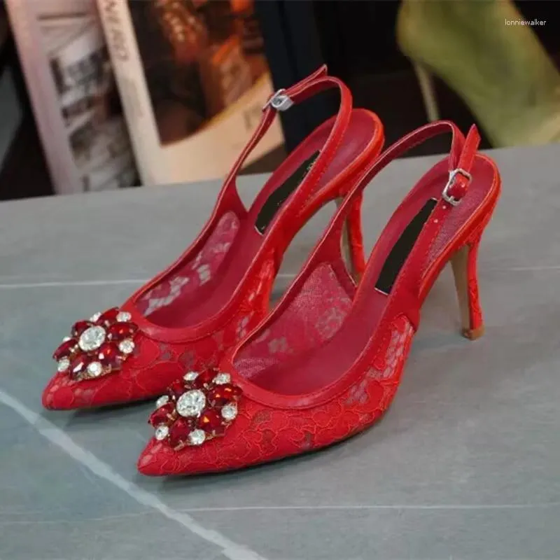 Sandálias 2023 verão strass renda salto alto apontado malha sapatos de casamento de dama de honra