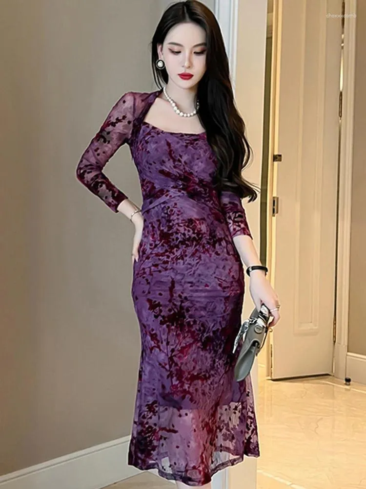 Abiti casual Primavera Elegante Midi sexy per le donne 2023 Maglia viola Abito a sirena Aderente Abito sottile Abiti da ballo per feste Abiti da donna Data Vestido