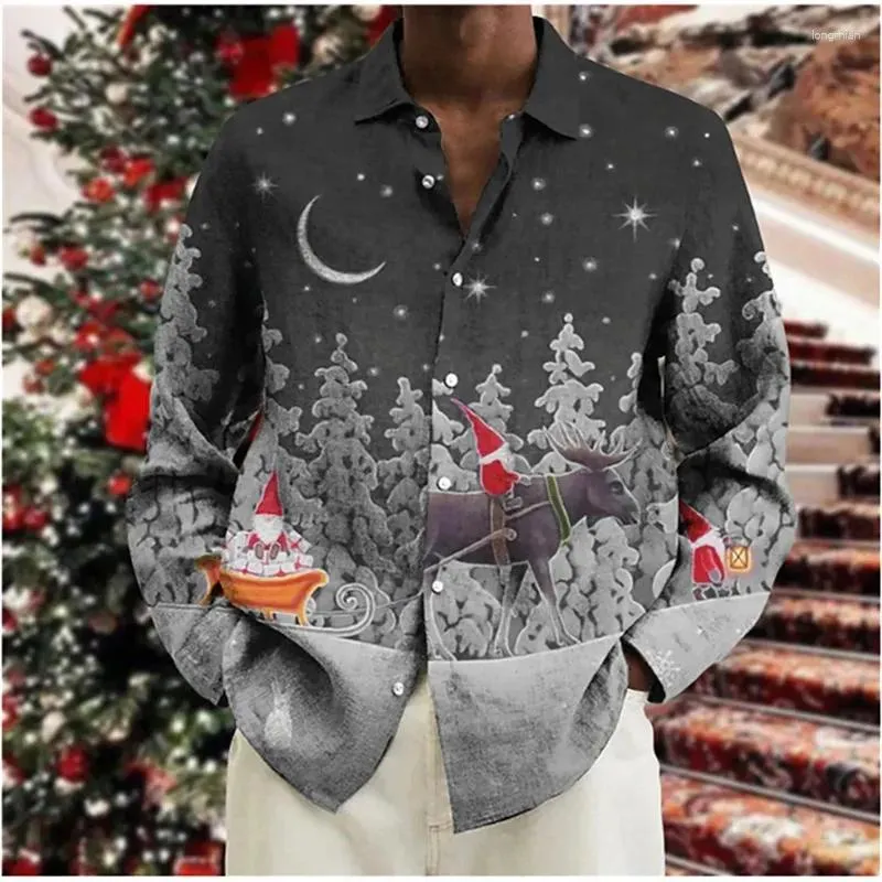 Chemises décontractées pour hommes 2023 Cadeau de Noël à manches longues Bonhomme de neige Imprimer Polo Col Chemise Robe de fête de vacances Plus Taille S-6XL