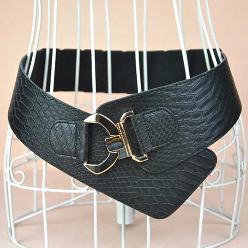 Womens Elastic Wide Cinch Belt With Metal Litchi Pattern Womens Elastic Wide Cinch Belt With Metal Litchi Pattern