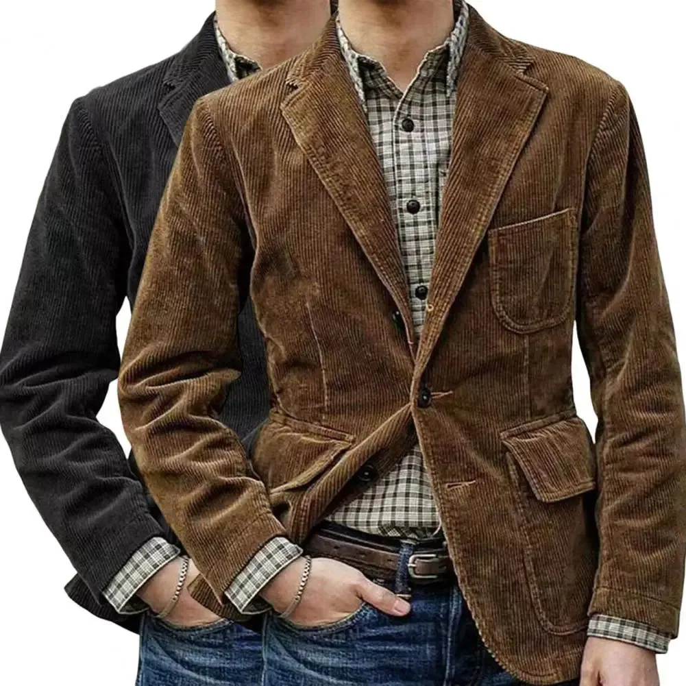 Chaquetas para hombres Chaqueta de hombre Manga larga Bolsillos con solapa Solo pecho Hombres Abrigo Otoño Invierno Corduroy Solapa Oficina Traje Chaqueta 231011