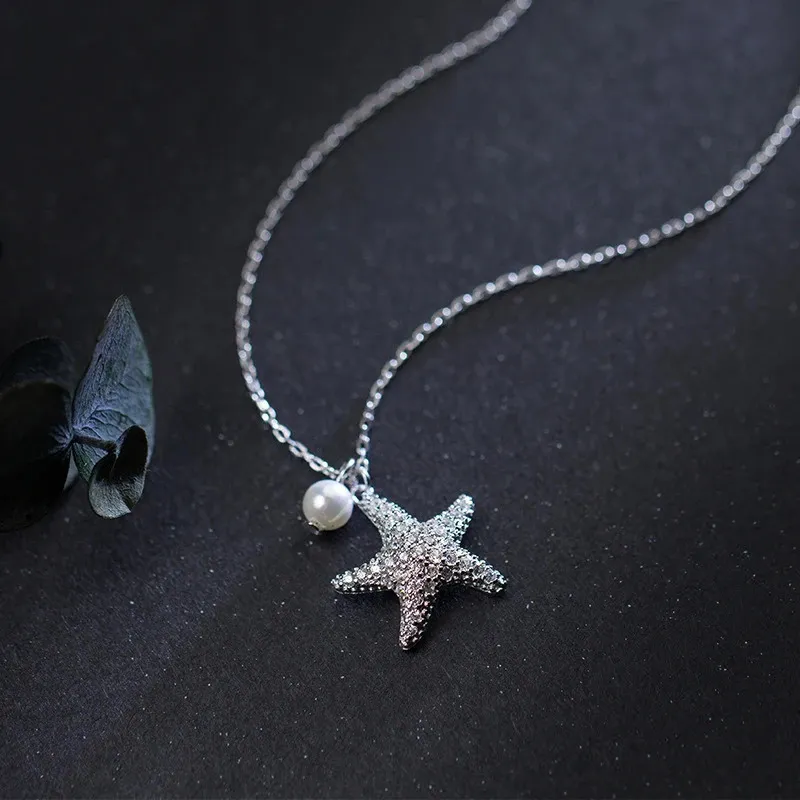 Pendanthalsband Modian Marine Life Justerbart halsband för kvinnor Shiny Zircon Starfish Pearl Sterling Silver 925 Pendant Necklace Fine Jewelry 231012