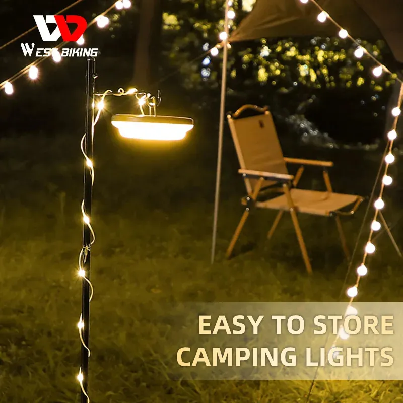 Draagbare lantaarns WEST BIKING 10M Campinglamp Draagbare haak Lichtslinger Riem Opladen via USB Buiten Wandelen Vissen Sfeerlicht Voor Tent Patio 231012