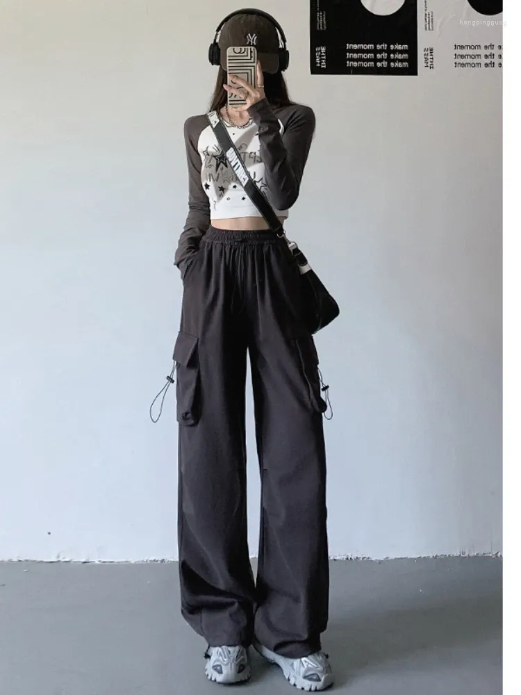 Vintage Korean Fashion Womens High Waist Parachute Wide Leg Cargo Pants  With Draw Rope And Wide Leg From Hongpingguog, $19.91