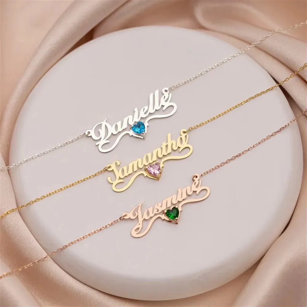 Colares de pingente 18k ouro colar de nome personalizado com coração personalizado de pedra de nascimento para mulheres 231011