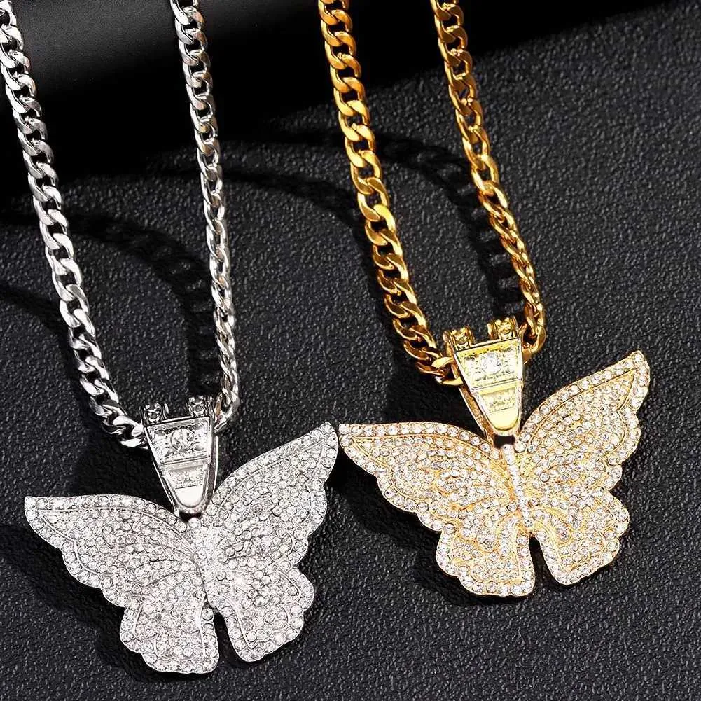 Hanger Kettingen Iced Out Glanzende Grote Vlinder Ketting voor Vrouwen Mannen Rvs Cubaanse Link Touw Ketting 3d Sieraden