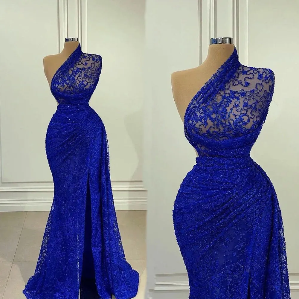 Evening Dresses Royal Blue Prom Party Gown Formal Custom Plus Size New Zipper Lace Up Mermaid Sleeveless Backless One-Shoulder Lace Thigh-High Slits Pleat