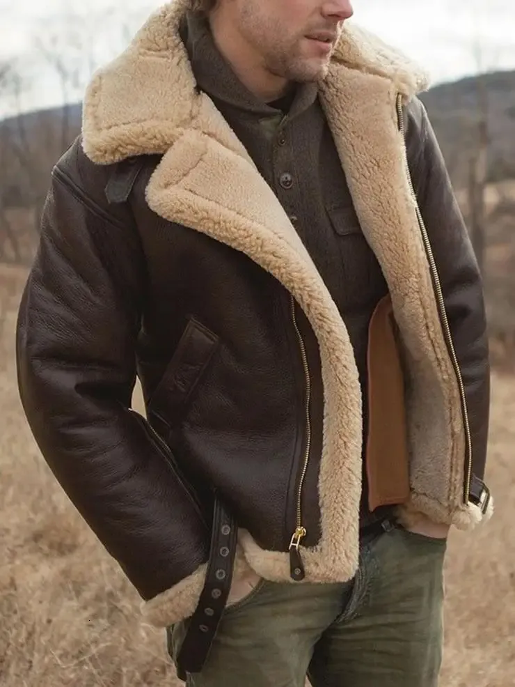 Manteau d'hiver en simili cuir pour hommes, fausse fourrure de velours intégrée, manches longues, veste épaisse artificielle 231012