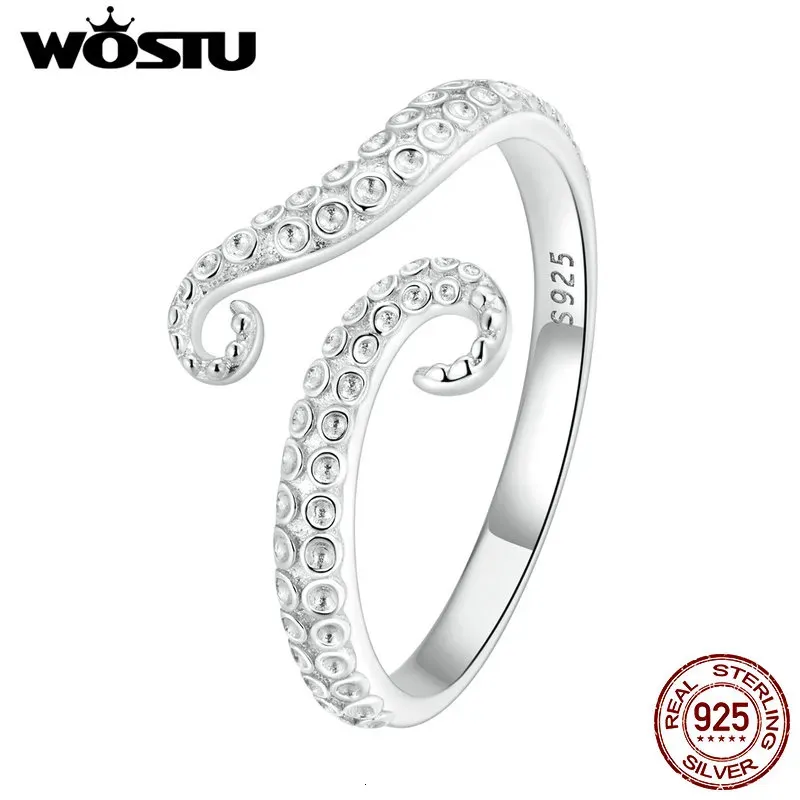 Wedding Rings WOSTU 100% Real 925 Sterling Silver Simple Octopus Whisker Open Ring For Women Trendy Adjustable Sea Animal Ring Fine Jewelry 231012