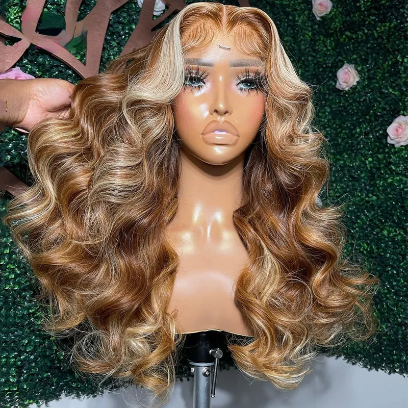 Markera brun blond kroppsvåg mänskliga hår peruk 13x4 spets frontala peruk före plockad syntetisk spets front peruk för kvinnor