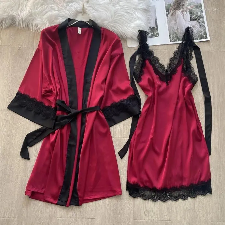 Vrouwen Nachtkleding 2 Stuks Satijn Zijde Kimono Badjas Jurk Zachte Nachtjapon Vrouwen Gewaad Set Boren Intieme Lingerie Losse Loungewear