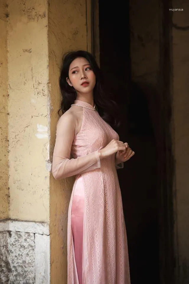 Ubranie etniczne Pink Aodai Vietnam Cheongsam sukienka Wietnamska tradycyjnie długie rękawy