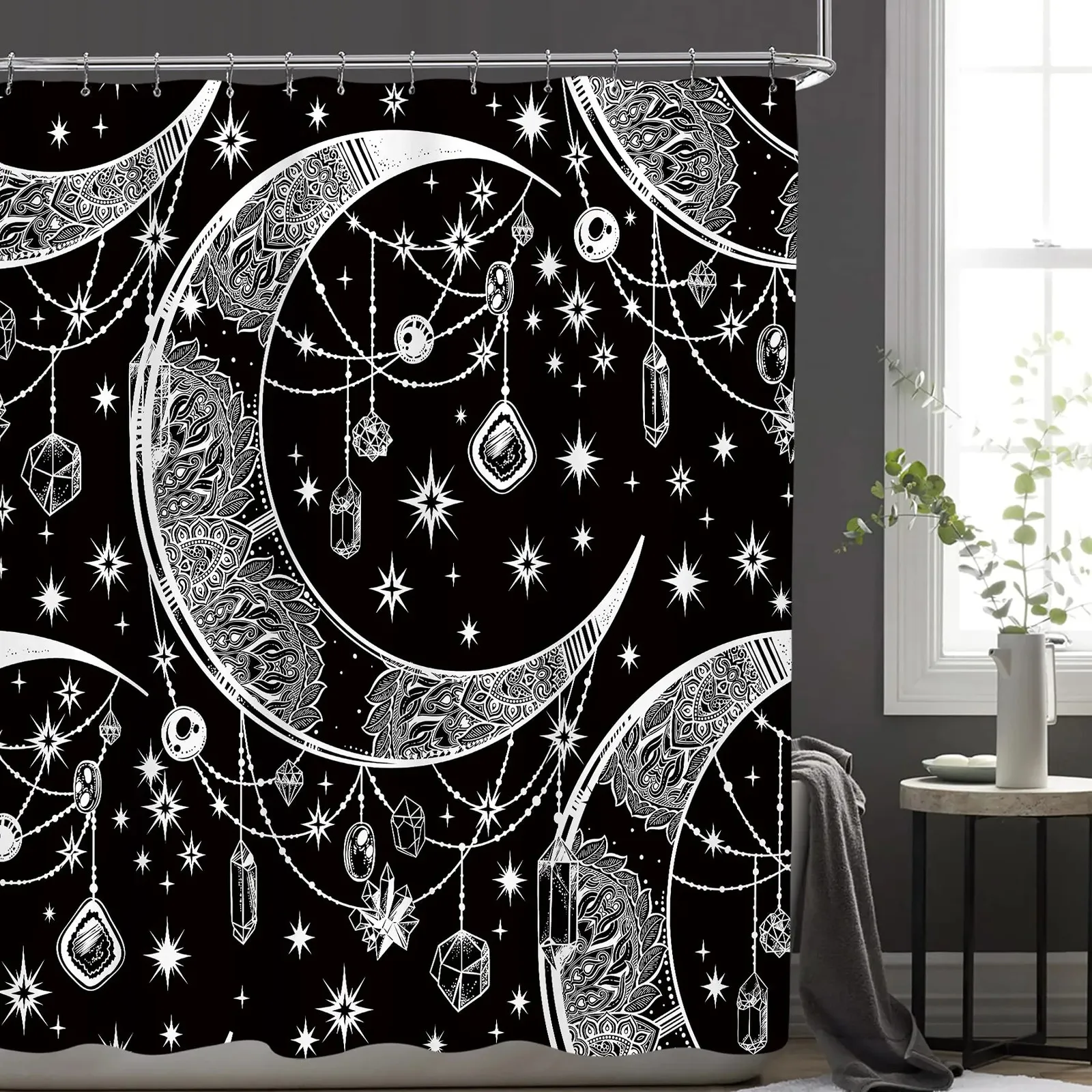 Douchegordijnen Mandala Douchegordijn Boho Moon Star Zwart en Wit Waterdicht Polyester Badkamer Gordijnen Woondecoratie Haken 231007