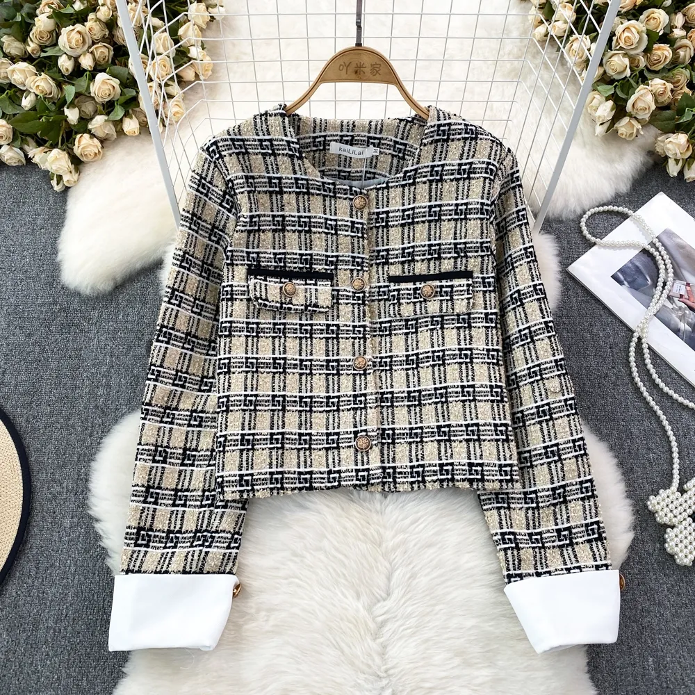 Autunno e Inverno 2023 Piccola Fragranza Stile Retro Girocollo Monopetto Tessuto Tweed Cappotto Giacca Casual da Donna Top