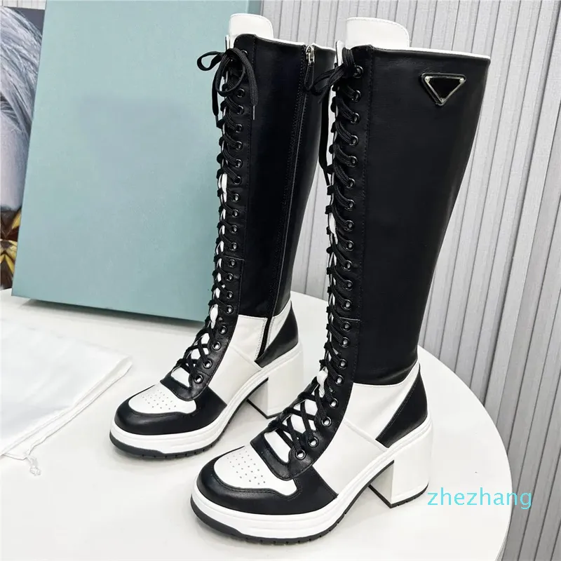 2023-Gebürstetes Leder Re-Nylon Stiefel Designer Stiefel Frauen Luxus Kalbsleder Mode Top-Qualität High Heel Schnürung Winter Motorrad Knie