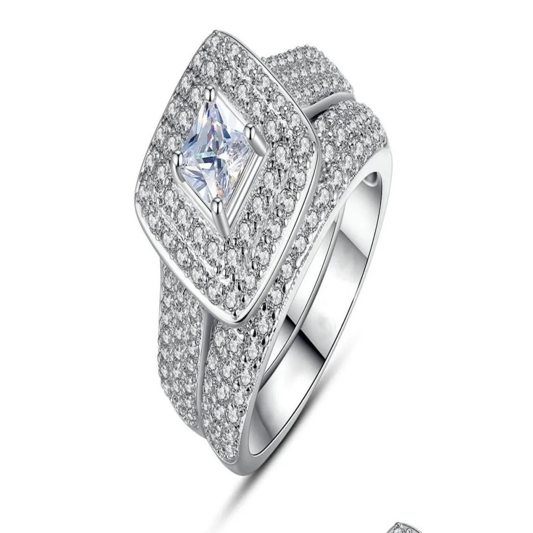 Anneaux de mariage 2 pièces ensembles bague de fiançailles de mariage pour les femmes de mariée classique carré coupe cubique zircone cristal couleur argent bijoux de mode Dhx5Q