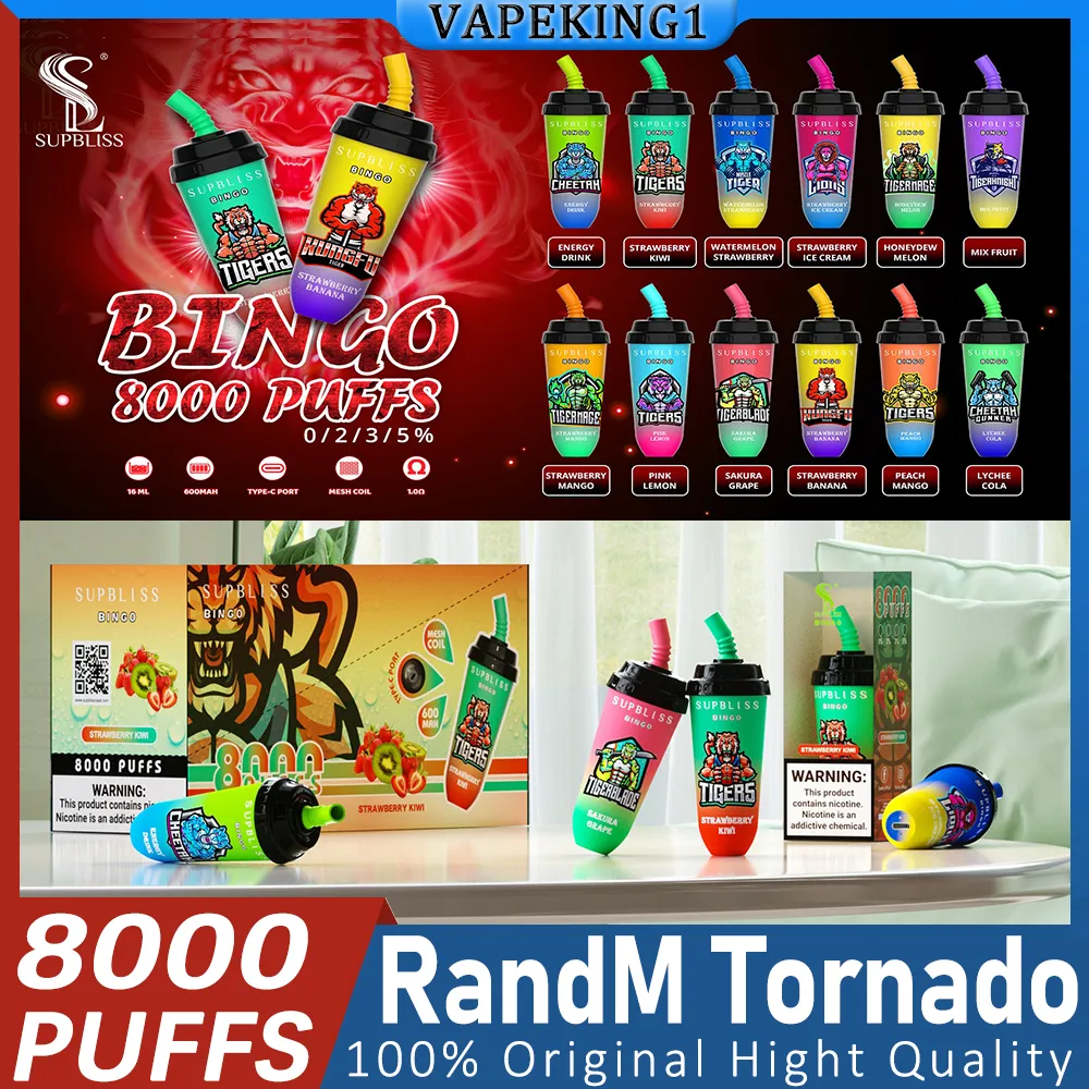 Original Supbliss Bingo 8000 Puffs Vape Descartável 8000 Puff 20 Sabor Milktea Cup 16ml 650mAh Bateria Recarregável Tipo-C Cartuchos E Cigarros 0% 2% 3% 5% Disponível