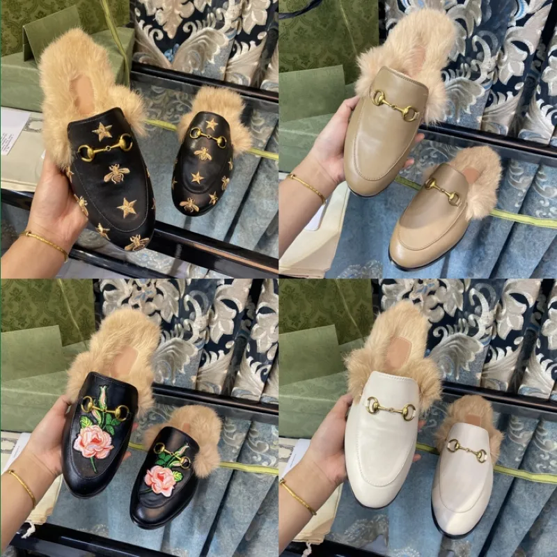 Women Princetown Slipper Autumn Winter Classics Wool Woolen Half slipper Fashion Designer Leather Rubber Flat bottom Non-slip Outdoor Jumbo Animal Shoes 35-42