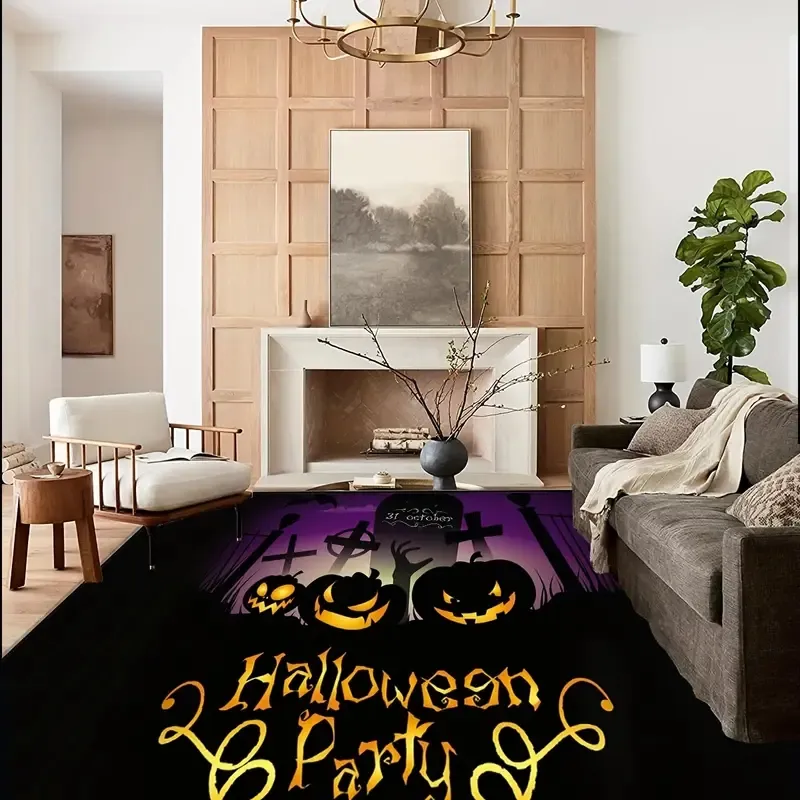 1pc Halloween Spooky Pumpkin Area Rugs, Non-Slip Washable Moon Forest Non Slip Area Rug For Living Dinning Room Bedroom Kitchen Hallway Office Modern Home Decorative