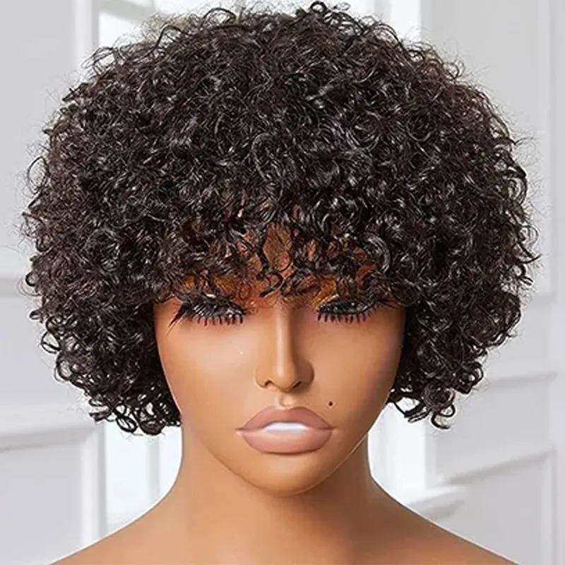 Pelucas sintéticas Peluca afro rizada esponjosa con flecos naturales Cabello brasileño 100% humano Cabello virgen sin cola con flequillo Peluca rizada rizada Bob 180% Dens 231012