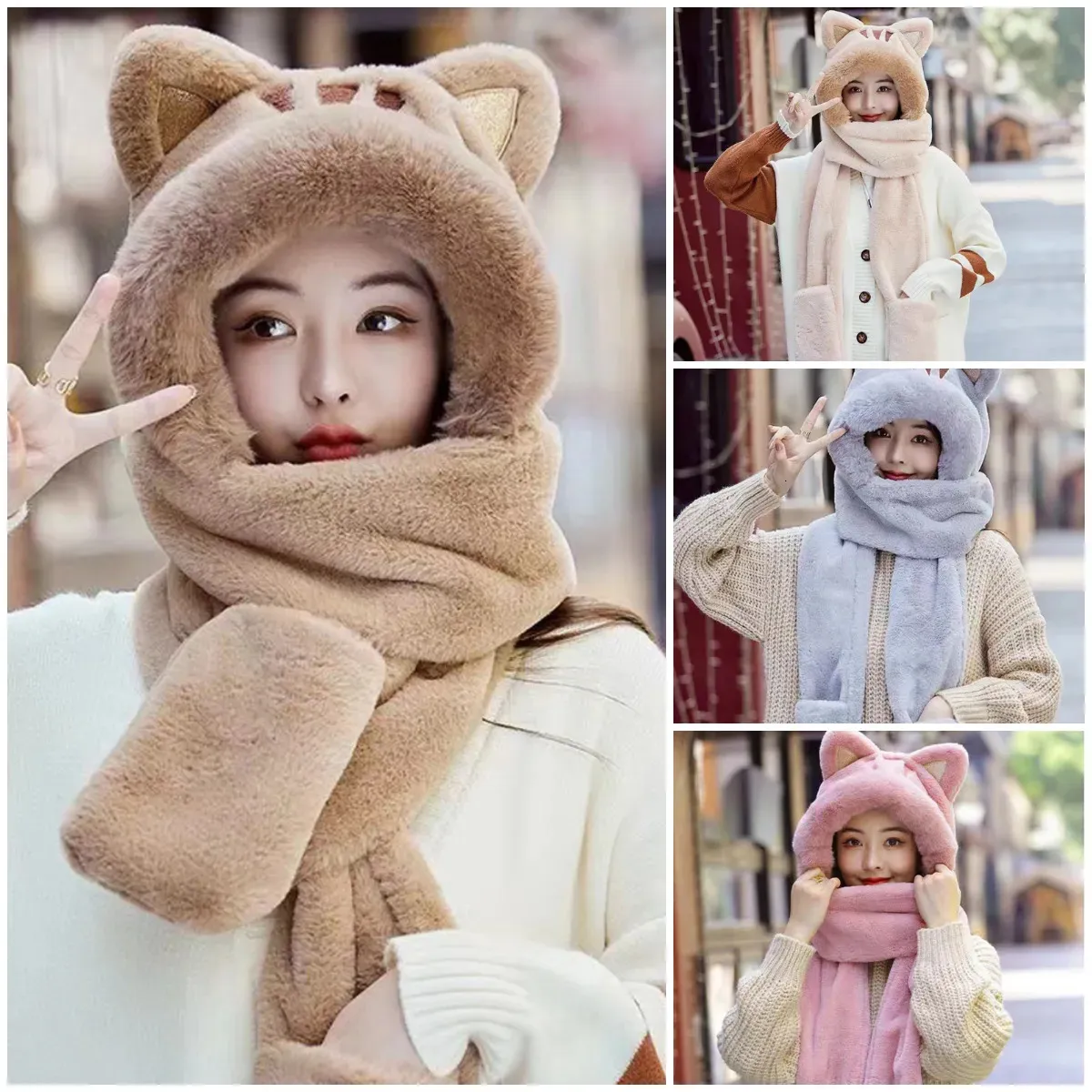 Scarves Harajuku Korean Japanese Cute Girl Gloves Cat Bear Ear Scarf Hat OnePiece Cap Winter Warm Plush Shield Birthday Gift 231012