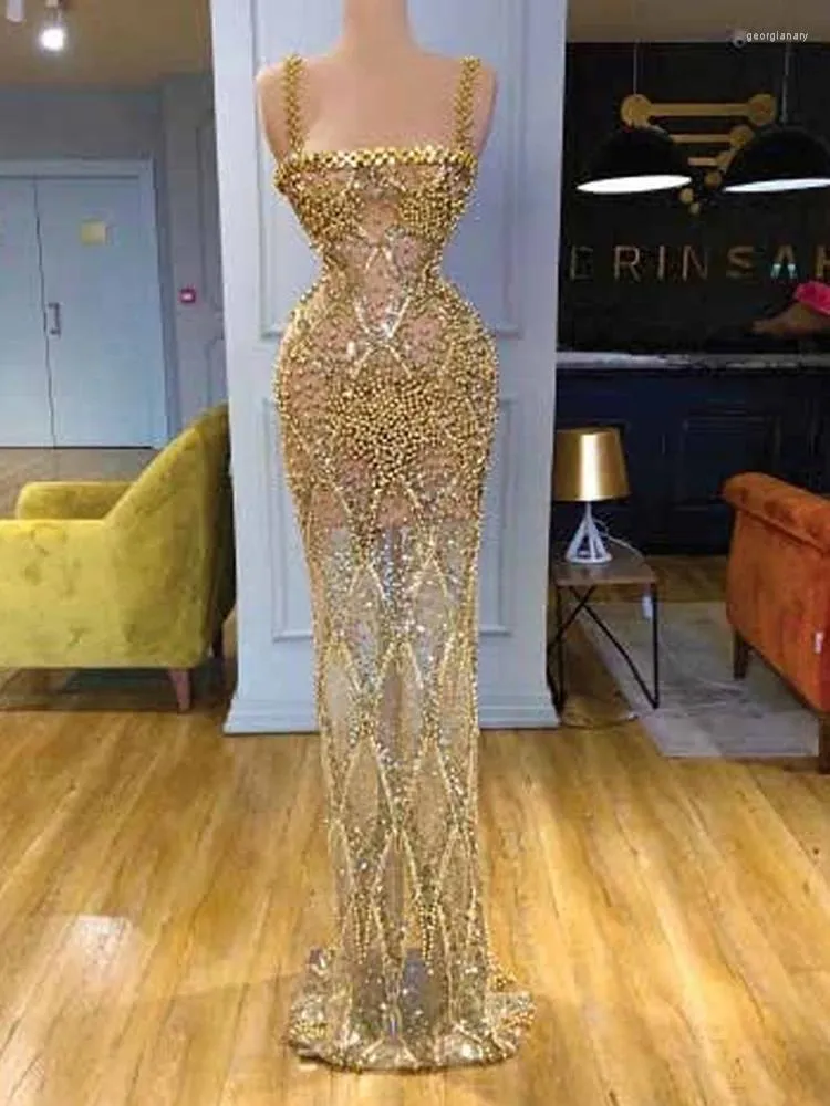 Party Dresses Strapless Spaghetti-Strap Prom Golden Beads Mermaid Women Luxury Gown For Evening Ball Custom Vestidos De Gala