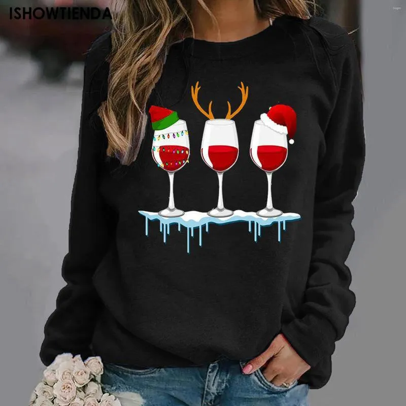 Mulheres Camisetas 2023 Outono Camisola de Natal Mulheres Menina Copo de Vinho 3D Impressão T-shirt Algodão Manga Longa Camisa Top Ligeiramente Elástico Engraçado