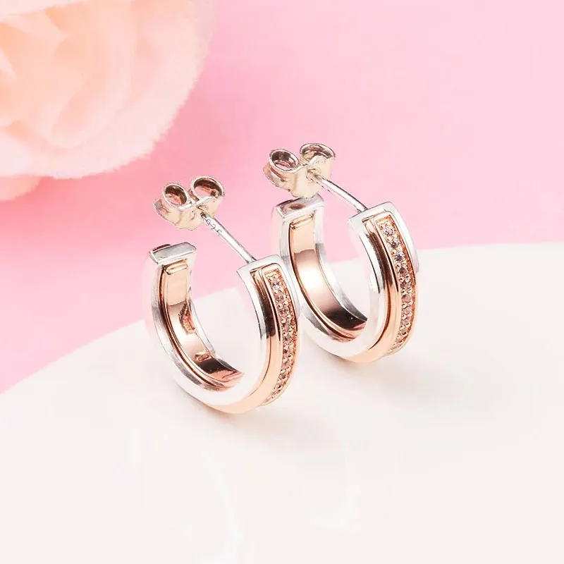 925 Sterling Zilver Handtekening Tweekleurige Pave Hoop Oorbellen Past bij Europese Pandora Style Sieraden Fashion Oorbellen