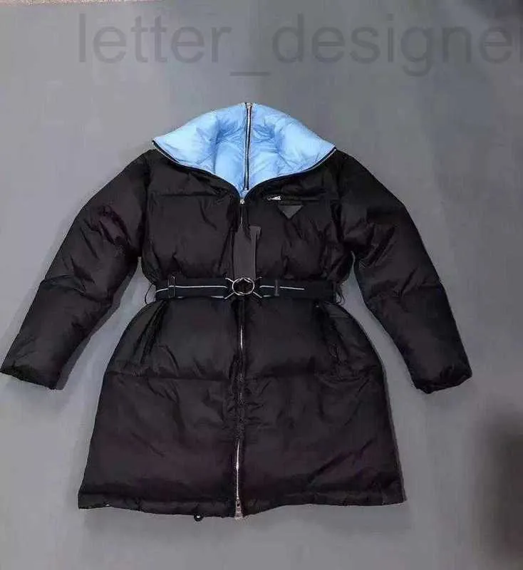 Women's Jackets designer 2021 Fall Winter Luxury Italian Design Office Style Navy Blue Nylon Down Belted Oversized Jackeve Hoodie Coat For Lady Outwear WQZ4
