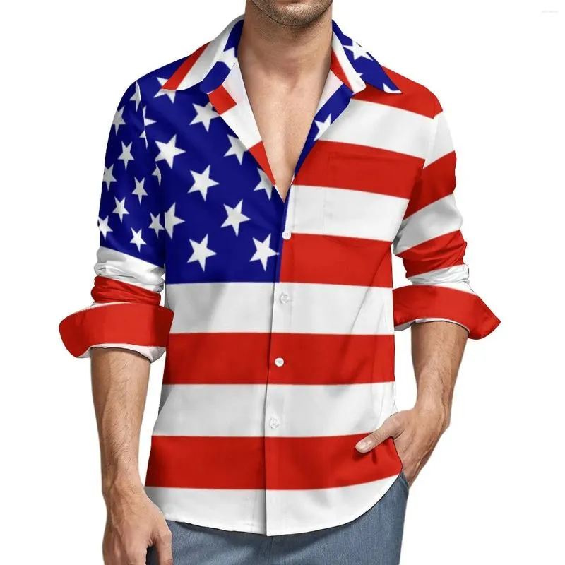 Chemises décontractées pour hommes Drapeau américain Graphique hawaïen imprimé Hommes Mode Beach Summer Blouse Vêtements de revers