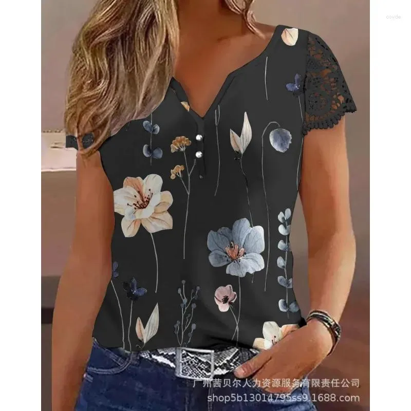 T-shirts Femmes Wepbel Été Col V Manches Slim T-shirts Top Casual Lâche Imprimé Floral Femmes Mode Col Encolure Dentelle Patch Tshirt