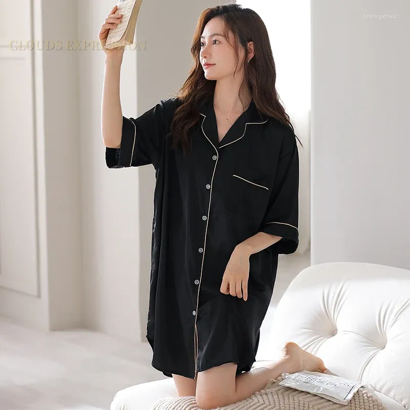 Vêtements de Nuit pour Femmes Été Soie-like Satin Revers Jupes de Nuit Robes Chemises de Nuit élégantes Chemise de Nuit Cardigan Chemises de Nuit Robes de Nuit pour Dames